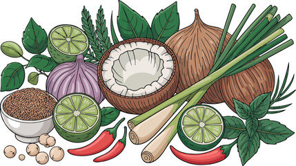 This image showcases a vibrant arrangement of various exotic culinary ingredients, including coconut, limes, garlic, red chilies, lemongrass, and fresh herbs. 