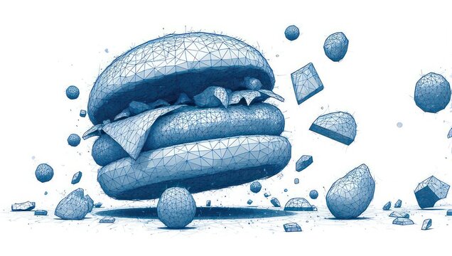 Dynamic low poly burger sketch art explodes with abstract geometric elements in a modern blue and white design, perfect for food branding.