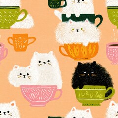 Cute cats in colorful cups seamless tile pattern design playful environment whimsical concept