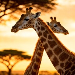 Fototapeta premium Two Giraffe Heads Against Sunset