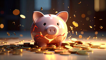 Savings Meltdown: A cracked piggy bank, surrounded by a cascade of gold coins, symbolizing financial instability and the loss of savings.