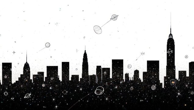 Stunning cosmic skyline features a silhouette of iconic skyscrapers against a starry universe with whimsical planet illustrations