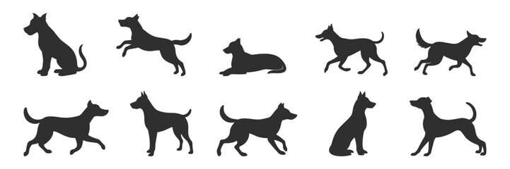 Domestic dog silhouette collection different poses pet animal vector set.