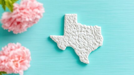 Texas cutout near pink flowers on a blue background, soft natural light