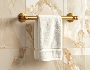 "Close-up of a neatly folded hand towel hanging on a chrome towel ring in a luxury marble bathroom. Focus on fine cotton texture, soft natural shadows, and clean neutral tones. 1:1 ratio, HD quality."