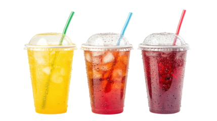 Three Sparkling Soft Drinks in Different Shades — Red, Amber, and Green on Transparent Background