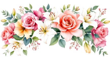 Watercolor Floral Arrangement with Roses and Lilies, Isolated on transparent background