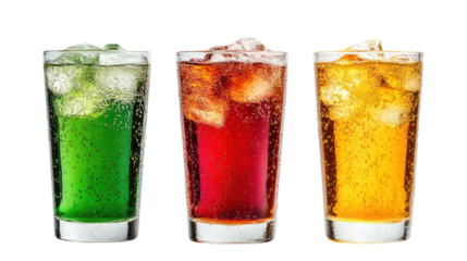 Three Sparkling Soft Drinks in Different Shades — Red, Amber, and Green on Transparent Background