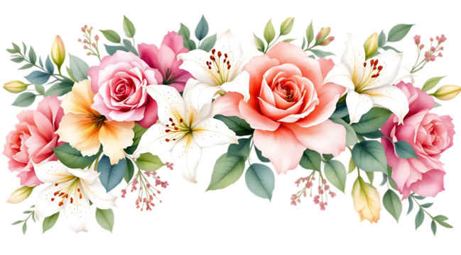 Watercolor Floral Arrangement with Roses and Lilies, Isolated on transparent background