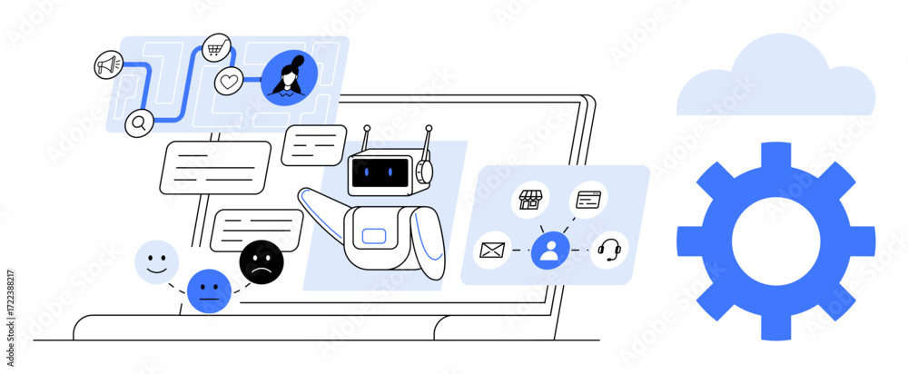Poster ai chatbot interacting via speech bubbles, emoticons, and task connection icons over a laptop screen