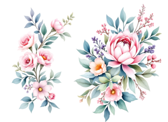 Watercolor Pink Floral Bouquets and Elements - Isolated on transparent background