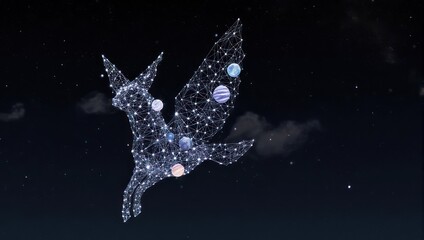 Mystical constellation fox with planets soaring through a starry night sky, symbolizing dreams and cosmic journey
