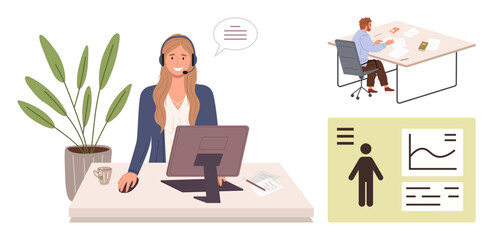 Fototapeta premium Woman with headset at desk engaging in communication, man reviewing documents, data charts analysis. Ideal for customer support, teamwork, analytics, communication, remote work, consulting simple