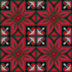 seamless geometric pattern. Folk Embroidery Geometric Pattern – Red & Black Cross Stitch Style. A bold and vibrant folk embroidery-inspired geometric pattern in striking red, black, and green tones.  © Sangduan