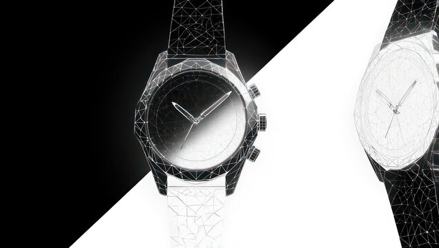 Sleek modern wristwatch design with intricate geometric wireframe overlay, showcasing precision and futuristic elegance.