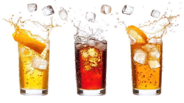 Trio of Soft Drinks &mdash; Cola, Orange Soda, and Lemon-Lime Bubbles on Transparent Background