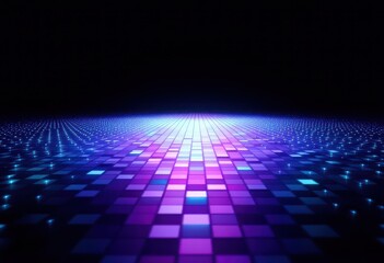 A vibrant, glowing array of square tiles, in shades of purple and blue, extends across a dark backdrop, creating a futuristic and dynamic digital landscape.