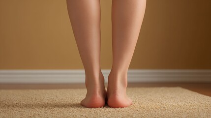 Back view of woman's legs standing on a plush beige rug by gold wall