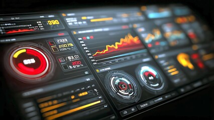 Displaying a high tech information dashboard with digital graphs, charts, and data for business analytics, financial monitoring, and advanced technology concept
