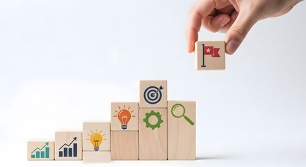 Career Path and Development Strategy Concept. Arranging wooden blocks with icons success roadmap and journey, symbolizing a structured career path and strategic development. Planning, growth, progress