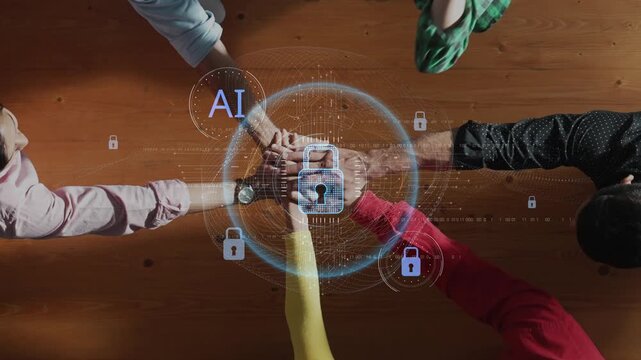 This image illustrates a collaborative approach to artificial intelligence security with diverse hands and digital locks, highlighting teamwork and innovation in cybersecurity. Raster