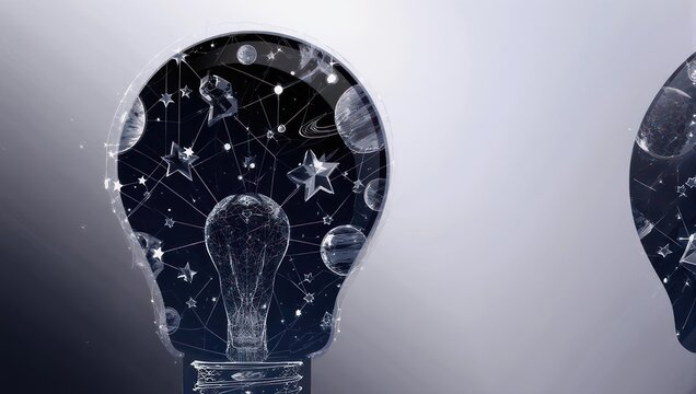 Stunning abstract concept of a lightbulb filled with stars, planets, and cosmic connections symbolizing brilliant ideas and innovation