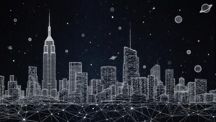 Futuristic wireframe cityscape with planets and stars, representing innovation and global connection in a digital universe.