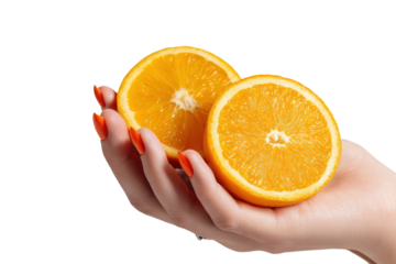 Woman’s Hand Gently Holding a Fresh Orange Sliced in Half on Transparent Background