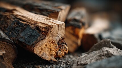 Fototapeta premium Detailed close-up of neatly stacked firewood, emphasizing the wood grain texture