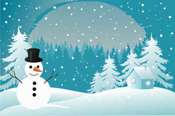 Winter landscape featuring a snowman snowy trees and a cozy cabin