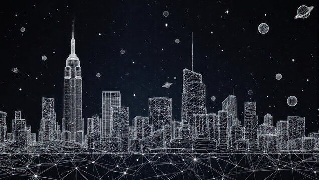 Futuristic wireframe cityscape with planets and stars, representing innovation and global connection in a digital universe.