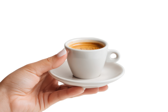 Woman’s Hand Holding a Ceramic Cup of Espresso with Saucer on Transparent Background