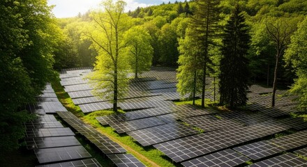 Rows of photovoltaic panels situated within a sunlit forest surrounded by trees and green foliage