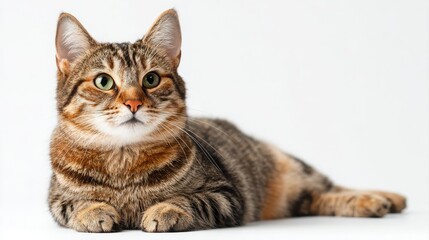 Obraz premium Studio portrait of a sitting tabby cat looking forward against a white back ground