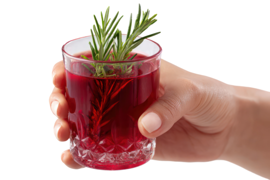 Woman’s Hand Holding a Crystal Glass of Pomegranate Juice on Transparent Background