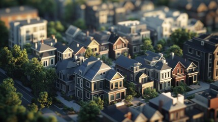Obraz premium Miniature Suburban Neighborhood with Verdant Trees and Classic Style Homes