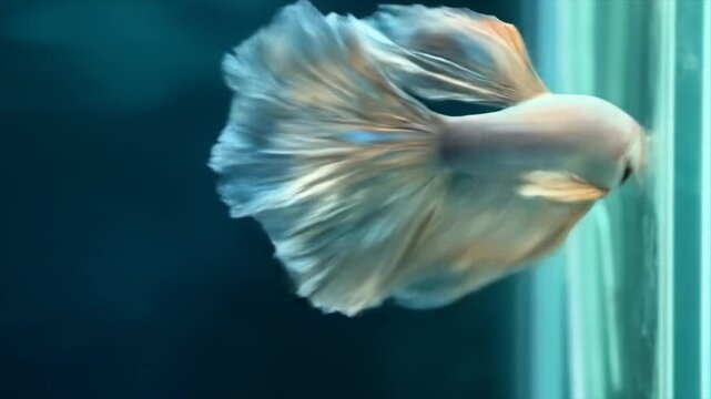 A graceful betta fish, displaying vibrant color variations in its flowing fins, against a deep teal backdrop.