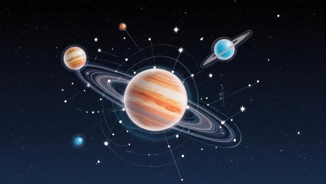 Vibrant planets and stars illuminate the vast, dark cosmos in this stunning, modern celestial art, perfect for educational or aspirational projects.