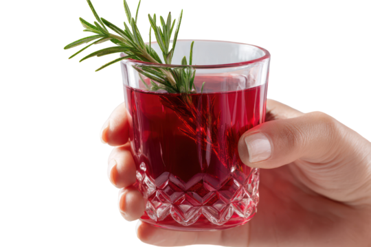 Woman’s Hand Holding a Crystal Glass of Pomegranate Juice on Transparent Background