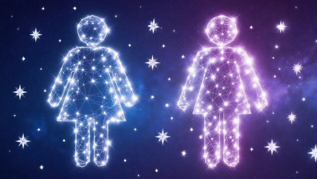 Two glowing, starry silhouettes of human figures symbolize connection and cosmic unity against a vibrant nebula background.