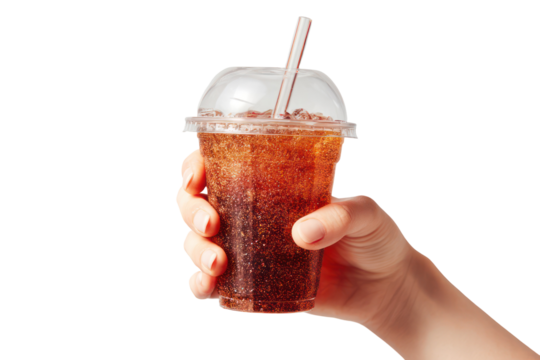 Woman’s Hand Holding a Sparkling Soda Drink in a Transparent Glass on Transparent Background