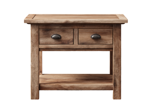Wooden end table with two drawers.  Simple, rustic design, light brown wood grain