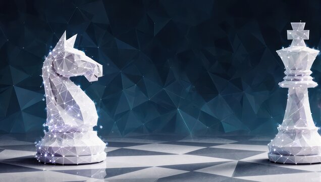 Strategic digital chess pieces, knight and king, symbolize abstract thinking, decision making, and technology innovation in a futuristic network.
