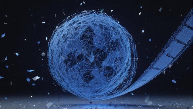 Dynamic abstract blue sphere network in motion with digital film strip, conveying futuristic data and connectivity