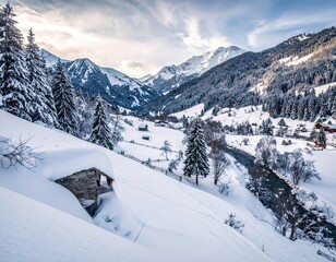 Snowy Mountain Valley Winter Landscape