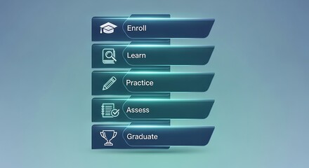 Interactive learning path infographic with stages of enrollment, learning, practice, assessment, and graduation.