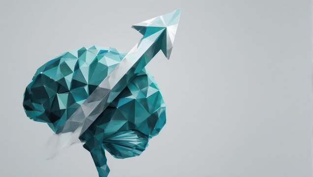 Dynamic abstract brain concept with upward arrow symbolizes innovation, growth, and brilliant ideas reaching new heights