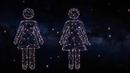 Two glowing abstract human figures interconnected by digital network lines against a starry cosmic background