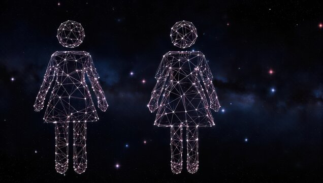 Two glowing abstract human figures interconnected by digital network lines against a starry cosmic background - Powered by Adobe