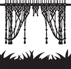 A modern flat design Vector composition featuring a classic black and white macrame silhouette over a white field, signifying timeless elegance with basic, two-dimensional shapes.